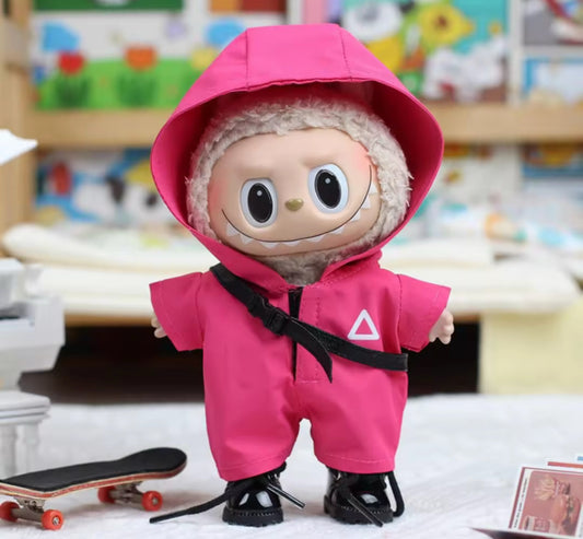 17cm labubu clothing Squid games soldier pink jumpsuit and black boots