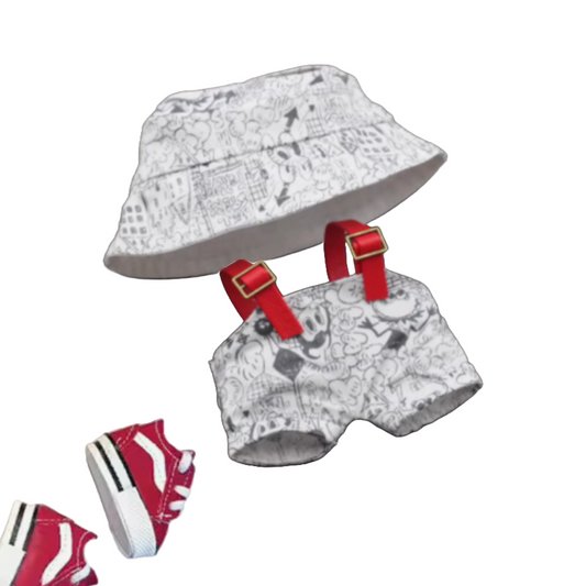 17cm Labubu sketch graphic suspenders/ bucket hat/ designer shoe bundle